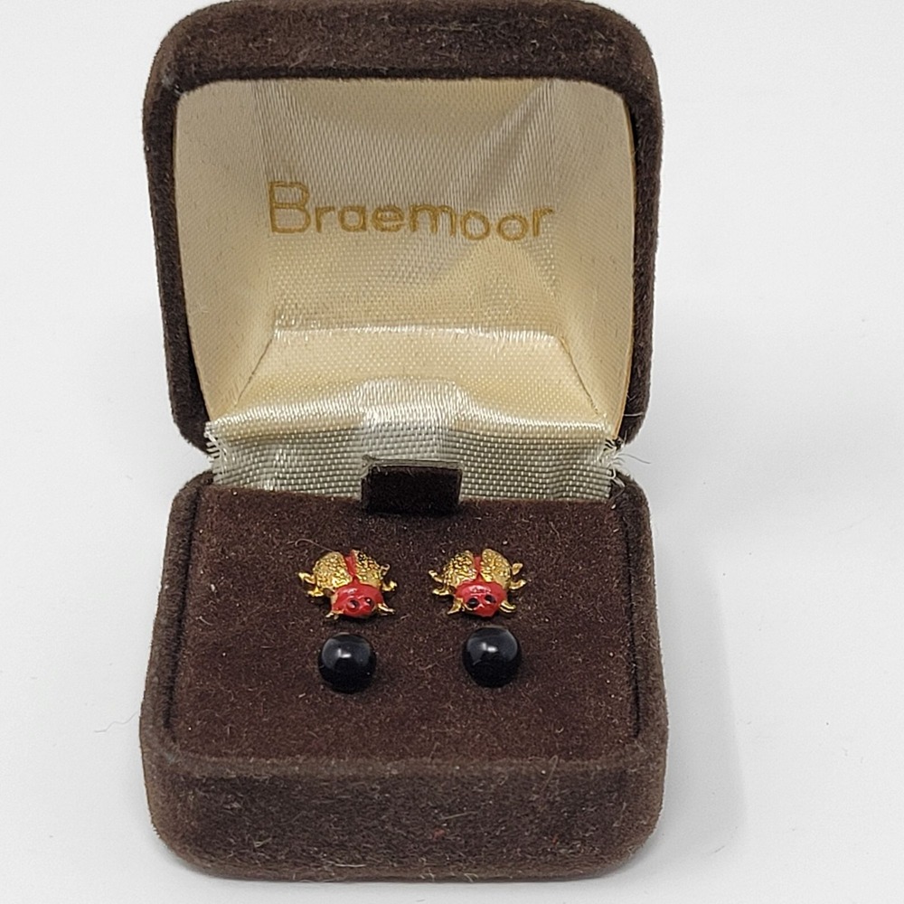 Braemoor Gold-Tone‎ Ladybug Earrings With Black Bead Accents In Brown Velvet Box